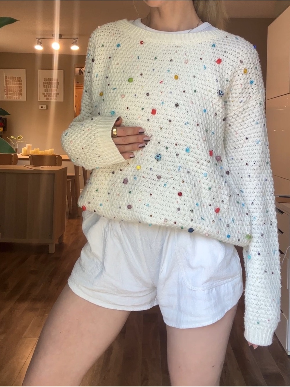 Hand Beaded Cream Knit Sweater | One of a Kind | Size S/M